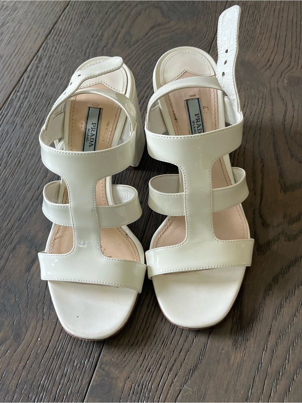 Prada White Patent Leather Triple-Strap Heels